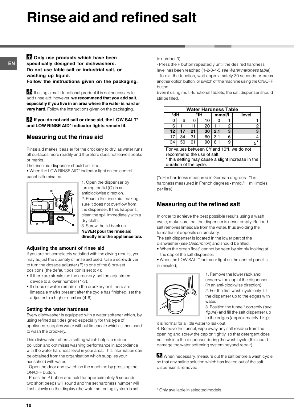 Rinse aid and refined salt, Measuring out the rinse aid, Measuring out the refined salt | Hotpoint LFT 228 A User Manual | Page 10 / 16