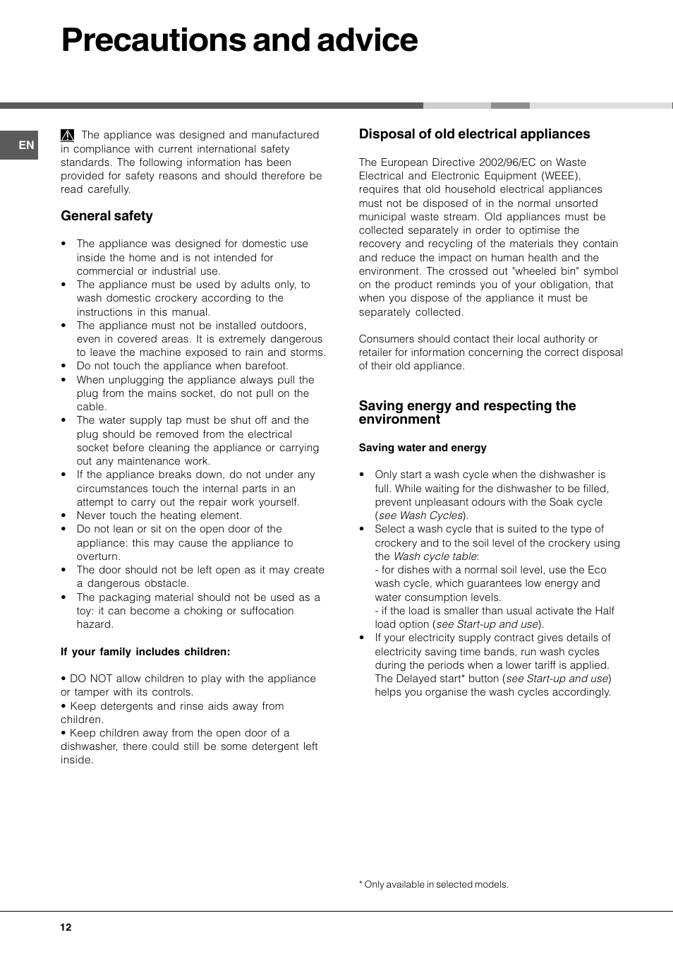 Precautions and advice | Hotpoint LFT 228 A User Manual | Page 12 / 16