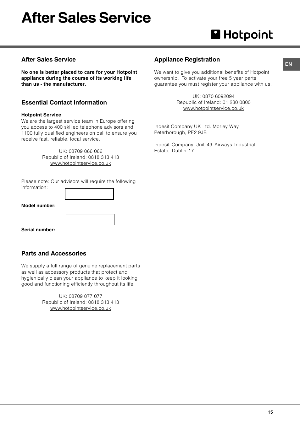 After sales service | Hotpoint LFT 228 A User Manual | Page 15 / 16