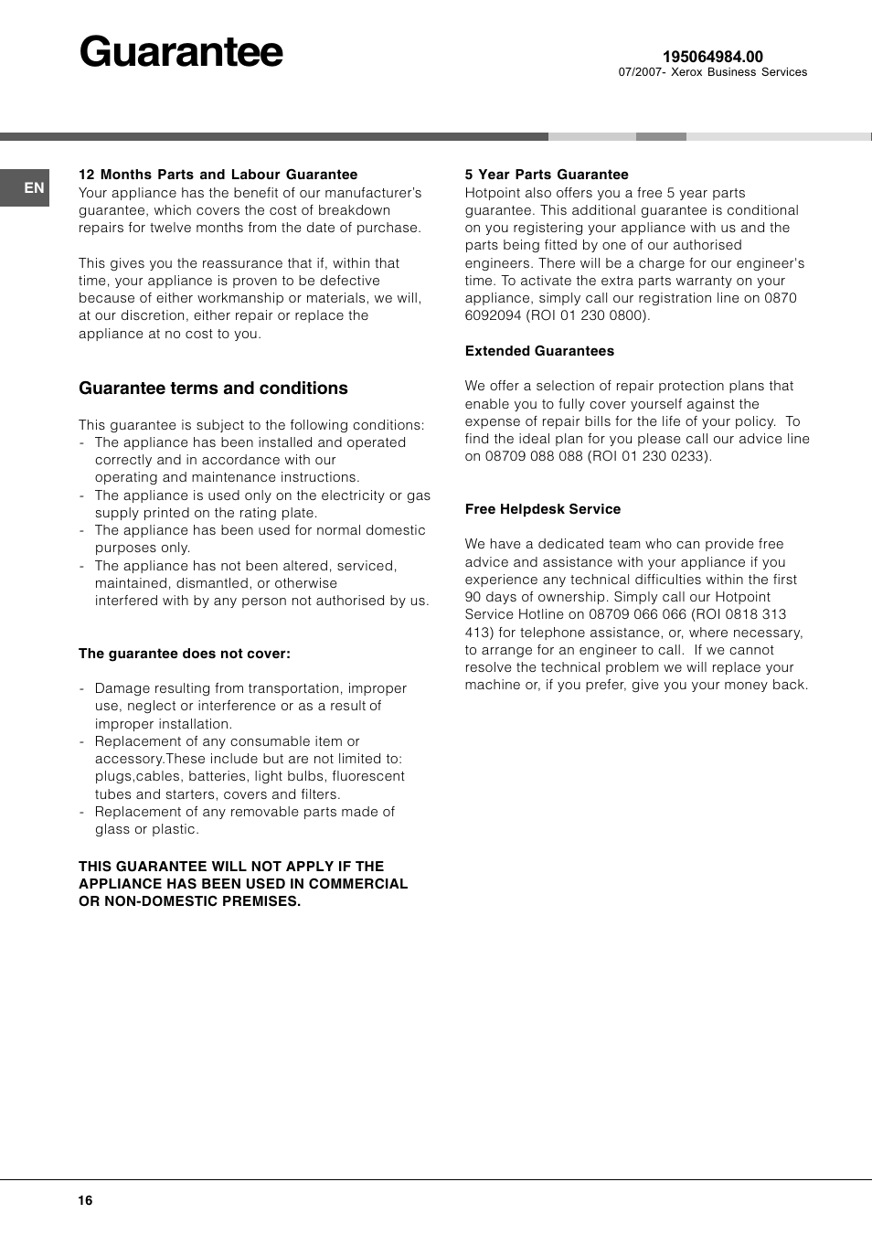 Guarantee | Hotpoint LFT 228 A User Manual | Page 16 / 16