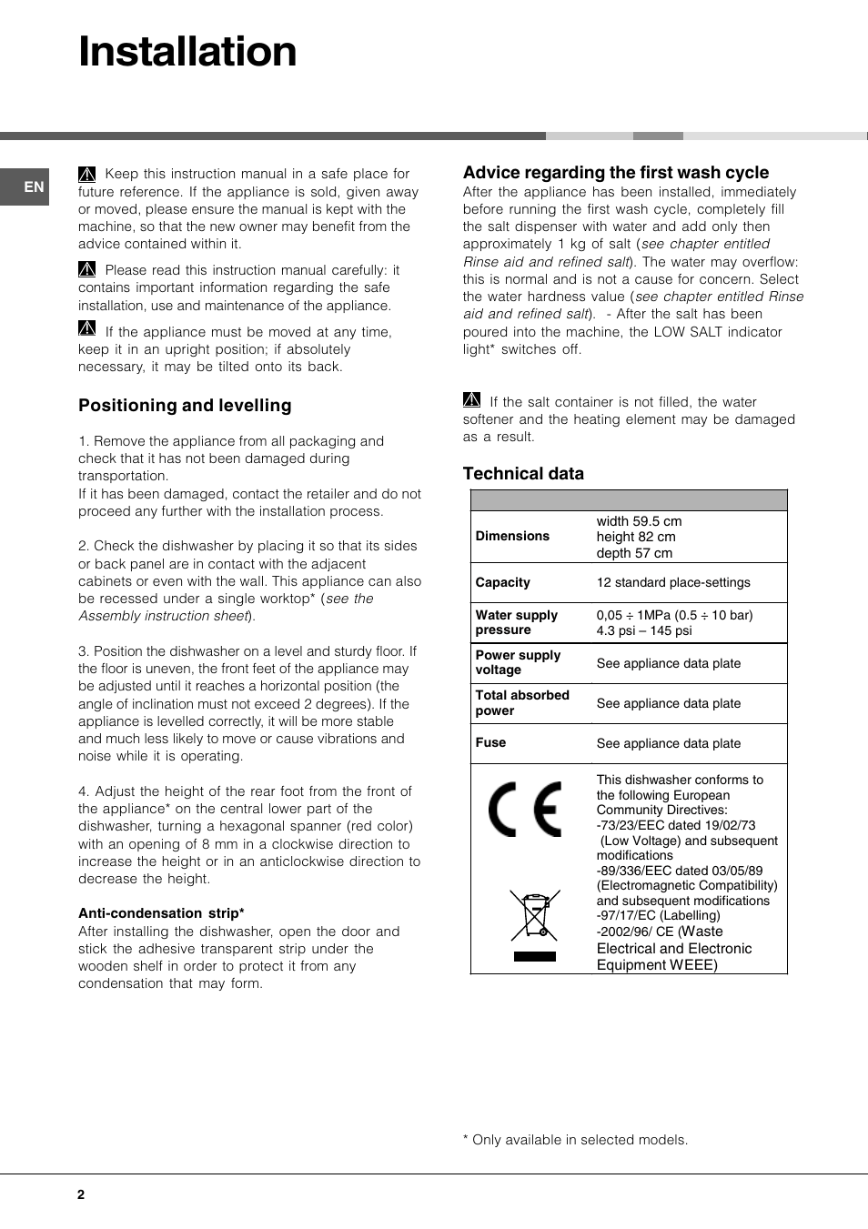 Installation, Positioning and levelling, Advice regarding the first wash cycle | Technical data | Hotpoint LFT 228 A User Manual | Page 2 / 16