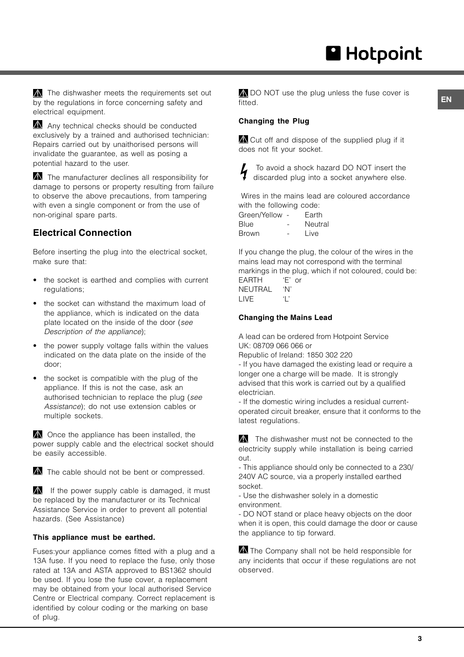 Electrical connection | Hotpoint LFT 228 A User Manual | Page 3 / 16