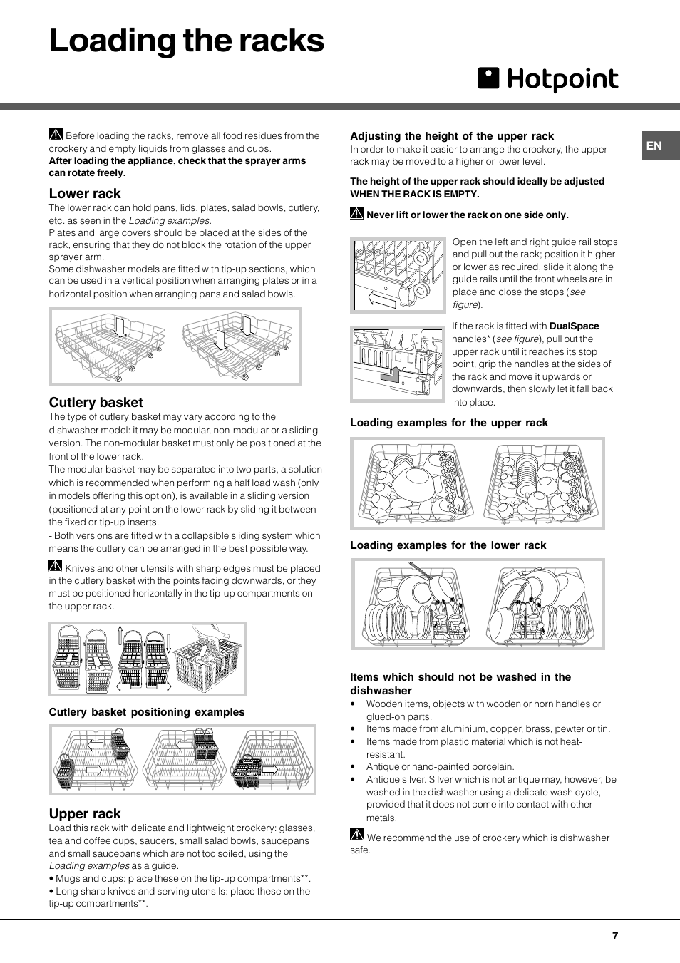 Loading the racks, Lower rack, Cutlery basket | Upper rack | Hotpoint LFT 228 A User Manual | Page 7 / 16