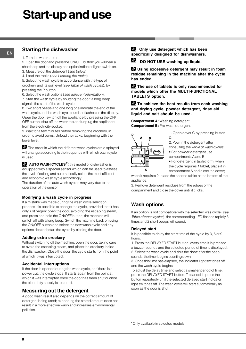 Start-up and use, Starting the dishwasher, Measuring out the detergent | Wash options | Hotpoint LFT 228 A User Manual | Page 8 / 16