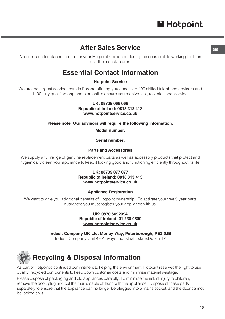 After sales service, Essential contact information, Recycling & disposal information | Hotpoint OS 897D C IX User Manual | Page 15 / 16