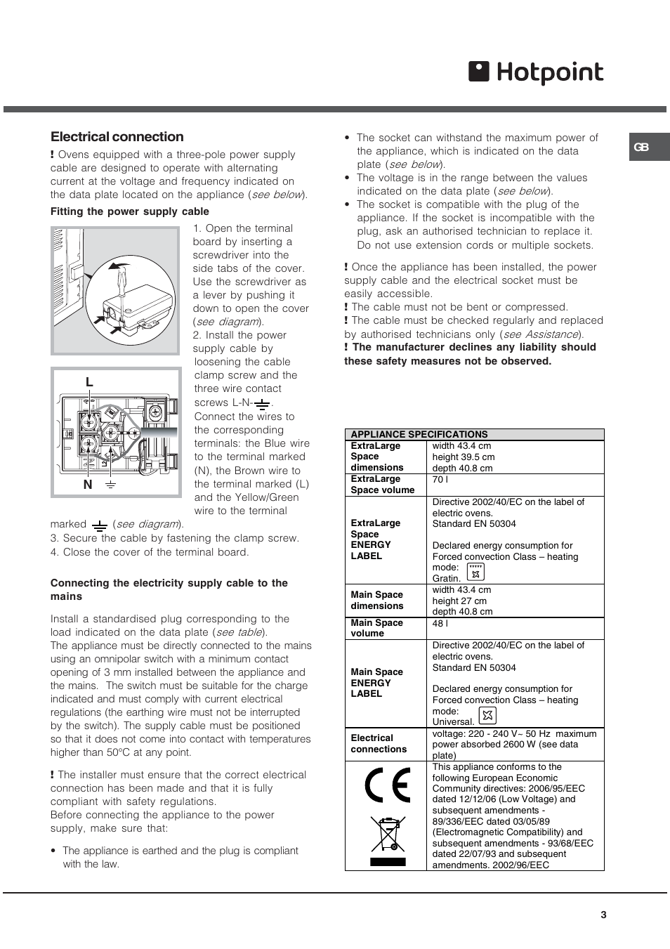 Electrical connection | Hotpoint OS 897D C IX User Manual | Page 3 / 16