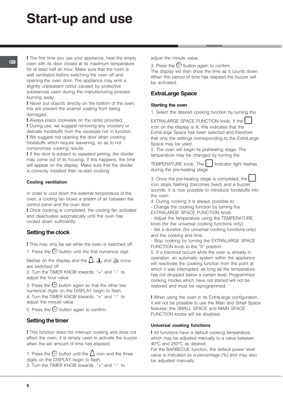 Start-up and use, Setting the clock, Setting the timer | Extralarge space | Hotpoint OS 897D C IX User Manual | Page 6 / 16