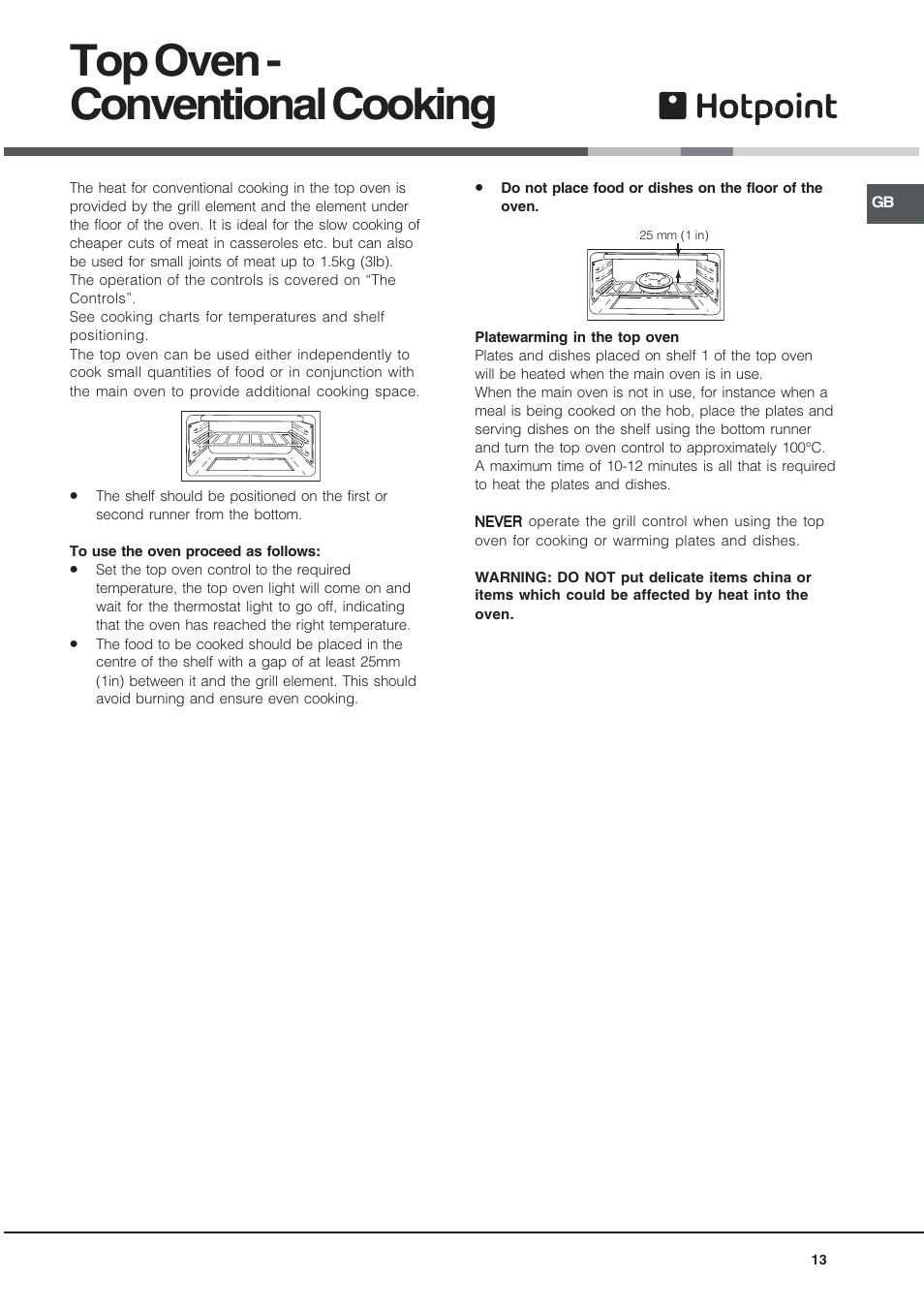Top oven - conventional cooking | Hotpoint DQ891 User Manual | Page 13 / 32