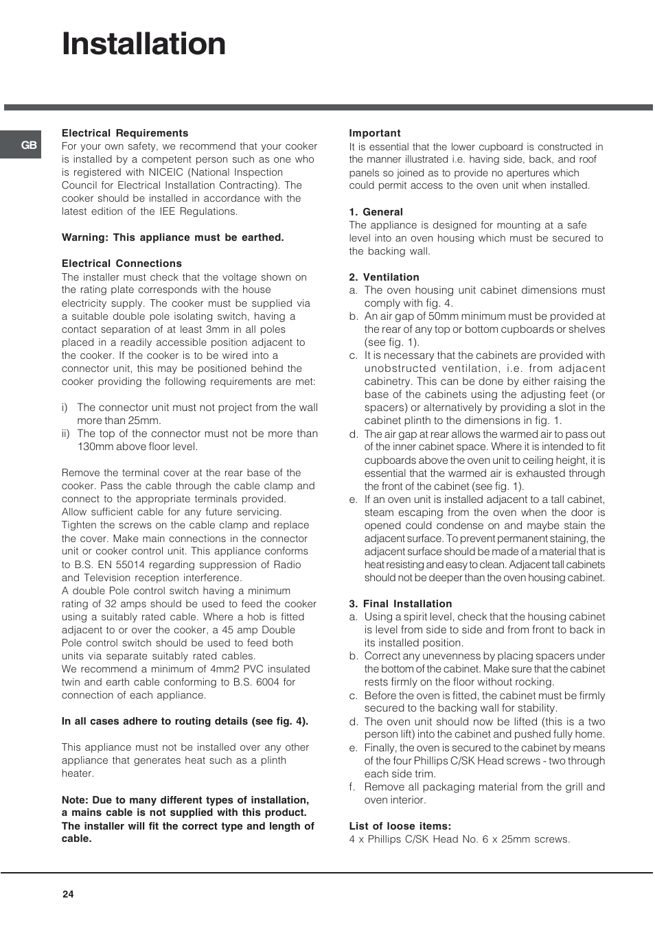 Installation | Hotpoint DQ891 User Manual | Page 24 / 32