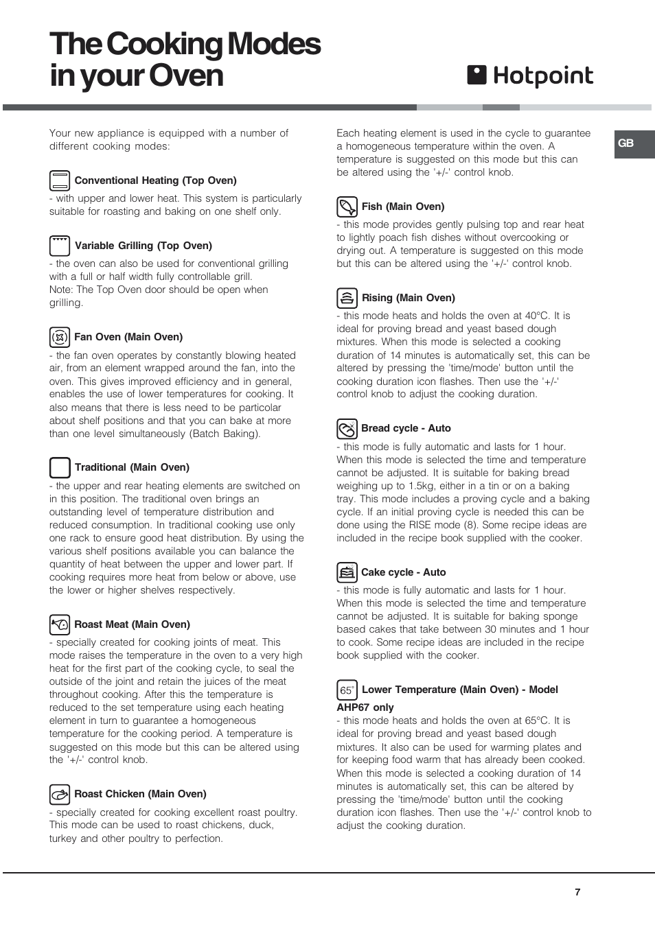The cooking modes in your oven | Hotpoint DQ891 User Manual | Page 7 / 32