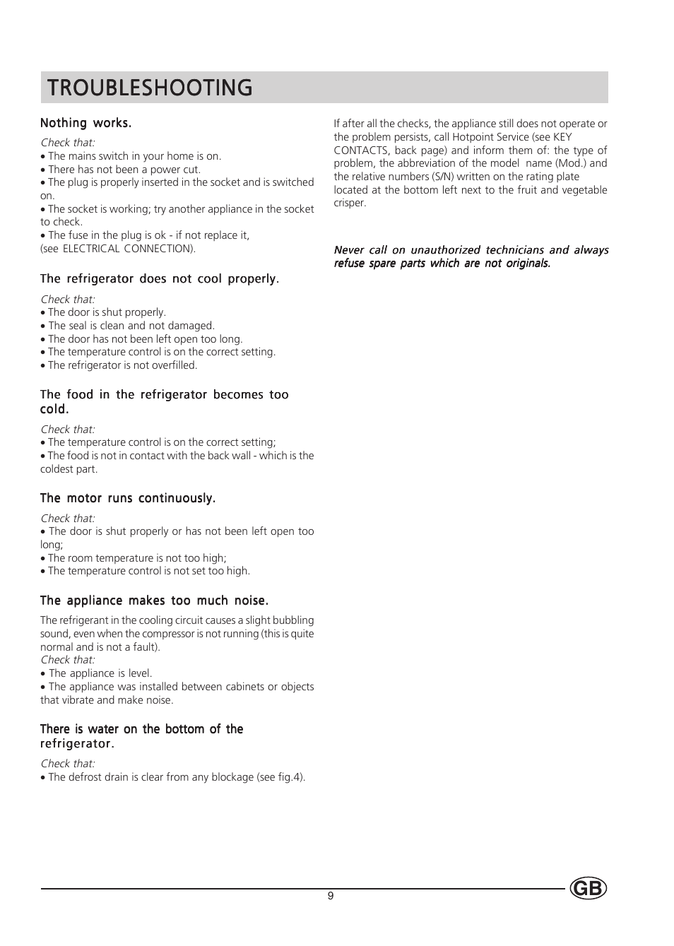 Troubleshooting | Hotpoint HL232I User Manual | Page 9 / 12