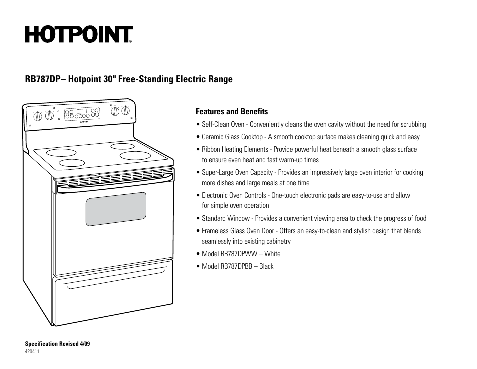 Rb787dp, Features and benefits | Hotpoint RB787DPWW User Manual | Page 2 / 2