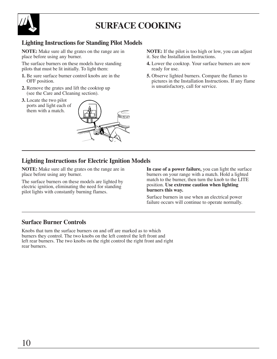 Surface cooking, Control settings, Lighting instructions | 10 surface cooking | Hotpoint RGB506 User Manual | Page 10 / 40