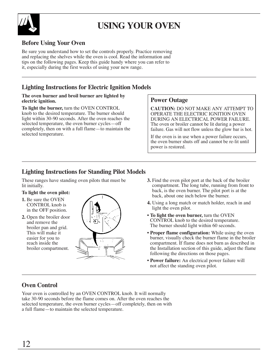 Oven, Control settings, Power outage | 12ð19, Using your oven | Hotpoint RGB506 User Manual | Page 12 / 40