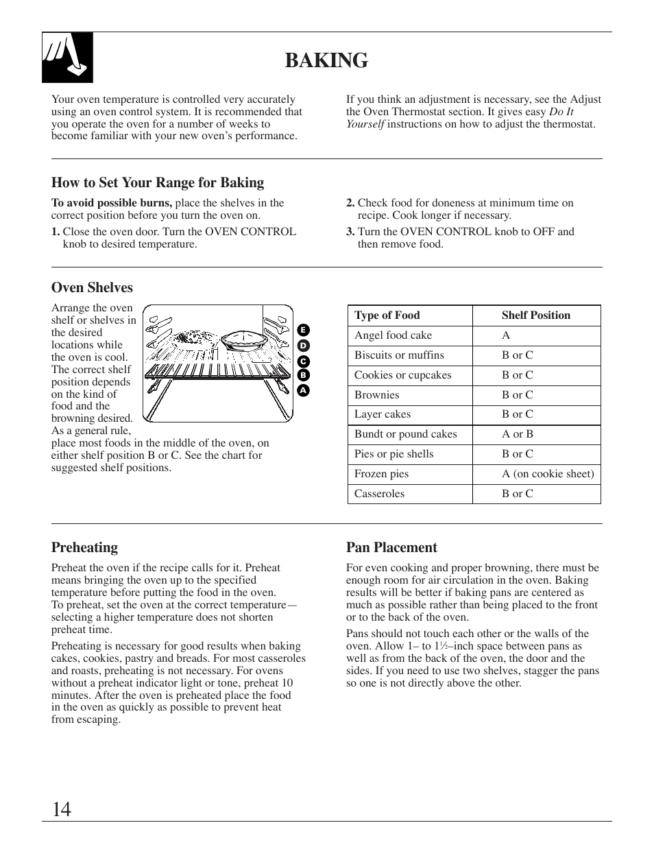 Baking, 14 baking, Preheating pan placement | Oven shelves, How to set your range for baking | Hotpoint RGB506 User Manual | Page 14 / 40