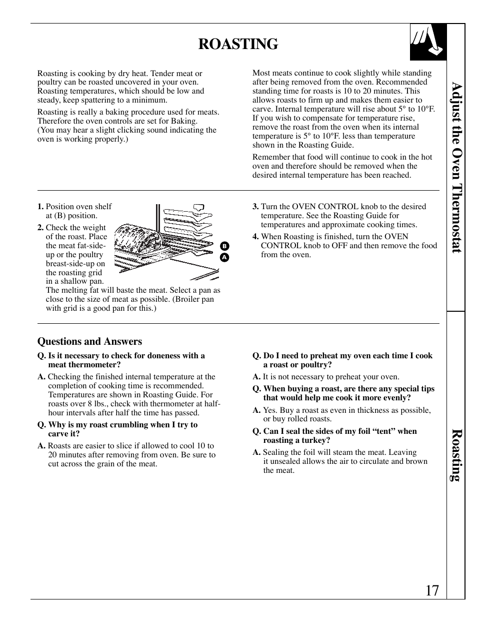 Roasting, roasting guide, 17 roasting, Adjust the oven thermostat roasting | Hotpoint RGB506 User Manual | Page 17 / 40