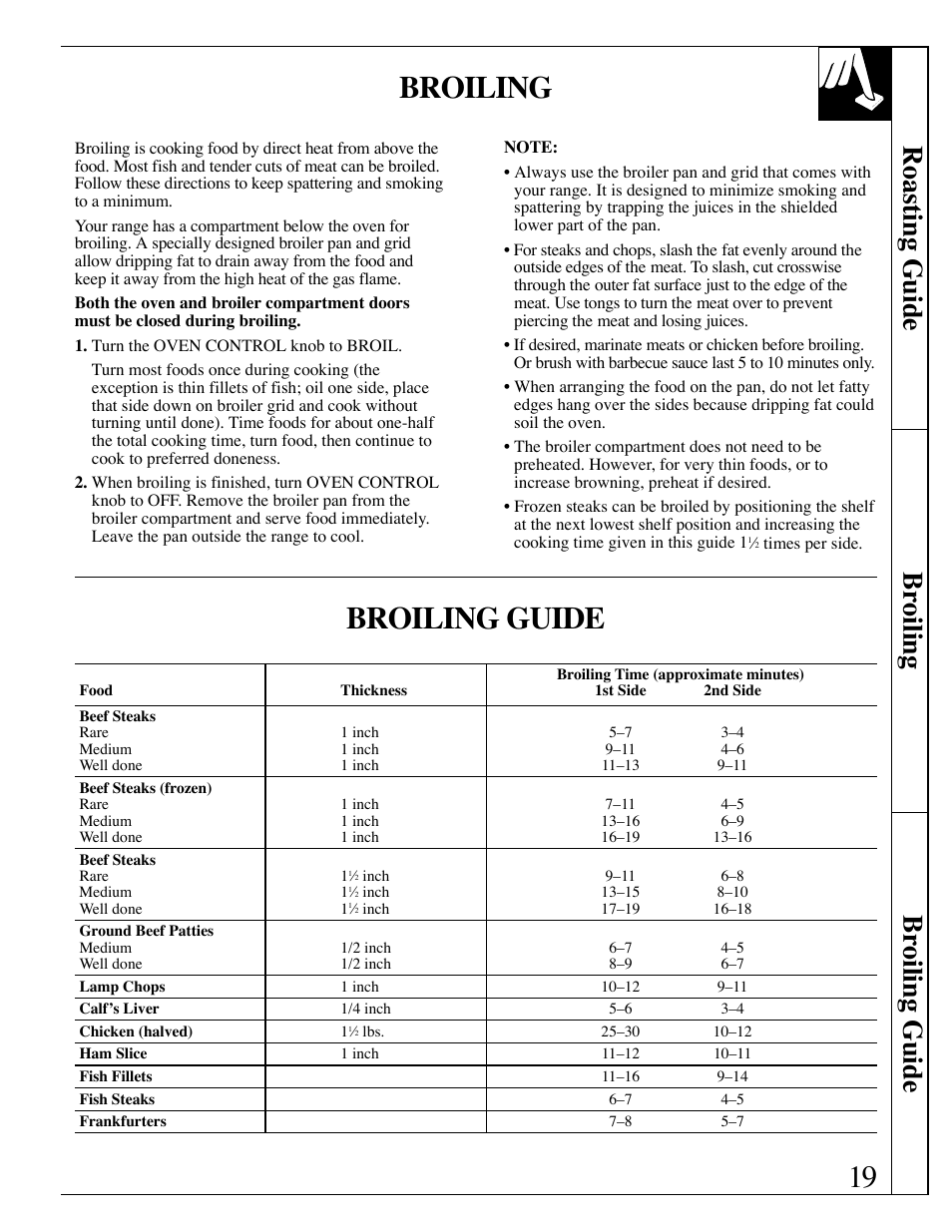 Broiling, broiling guide, Broiling, 19 broiling guide | Roasting guide br oiling br oiling guide | Hotpoint RGB506 User Manual | Page 19 / 40