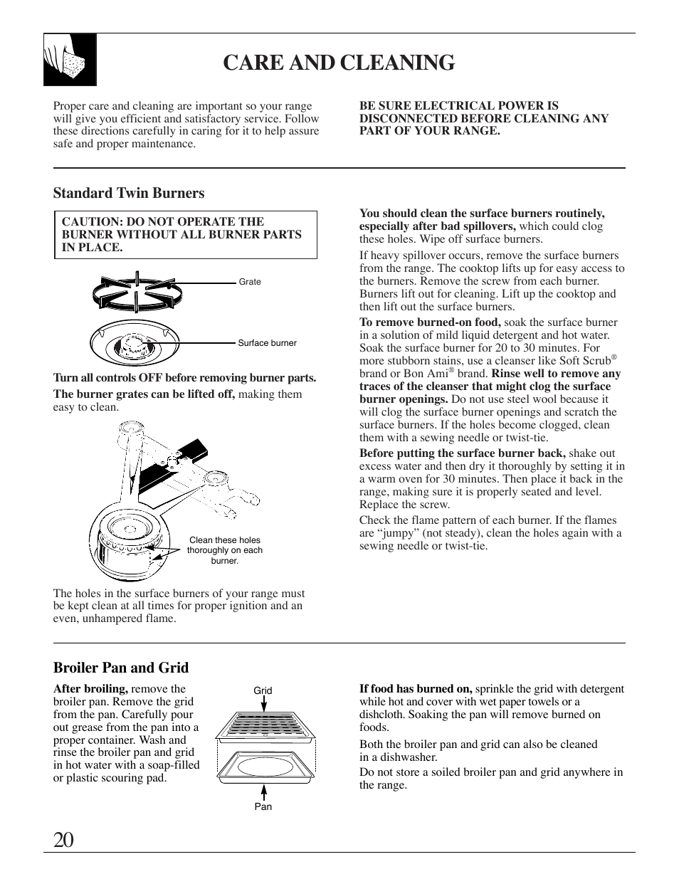 Care and cleaning, 20ð23, 20 care and cleaning | Standard twin burners, Broiler pan and grid | Hotpoint RGB506 User Manual | Page 20 / 40