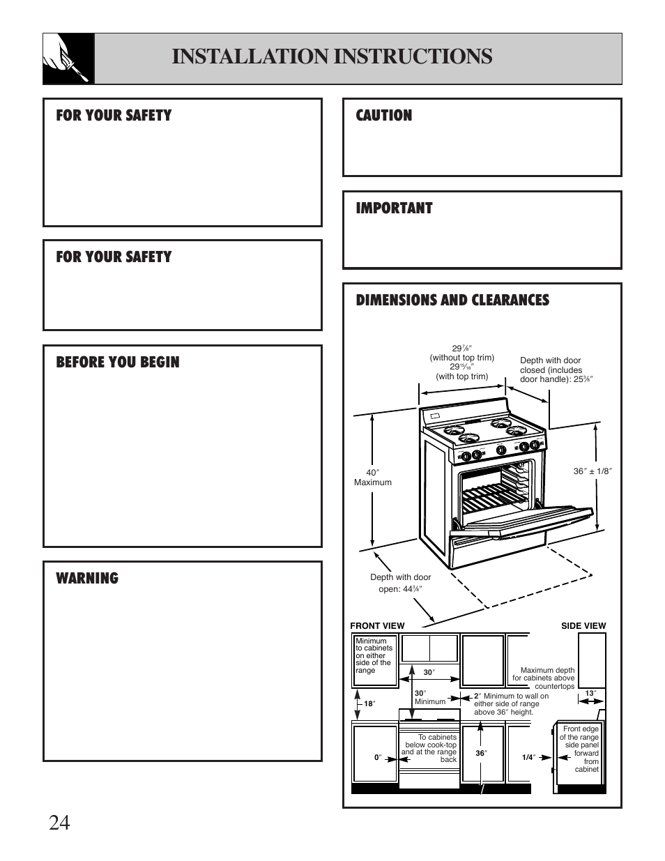 Installation instructions, 24ð37, 24 installation instructions | Caution, Important, Dimensions and clearances, For your safety, Before you begin, Warning | Hotpoint RGB506 User Manual | Page 24 / 40