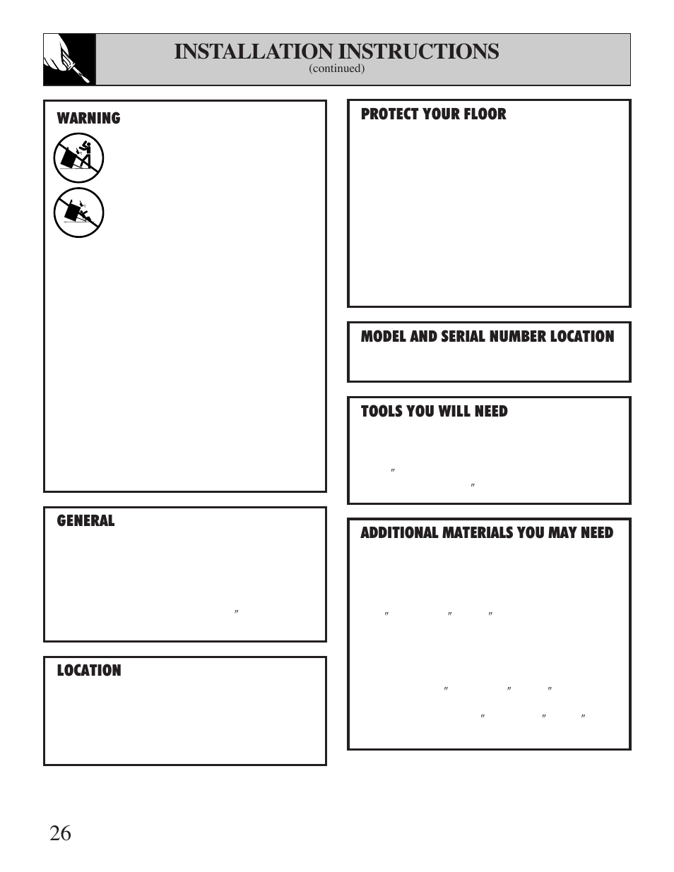 26 installation instructions, Protect your floor, Model and serial number location | Tools you will need, Additional materials you may need, Warning, General, Location | Hotpoint RGB506 User Manual | Page 26 / 40