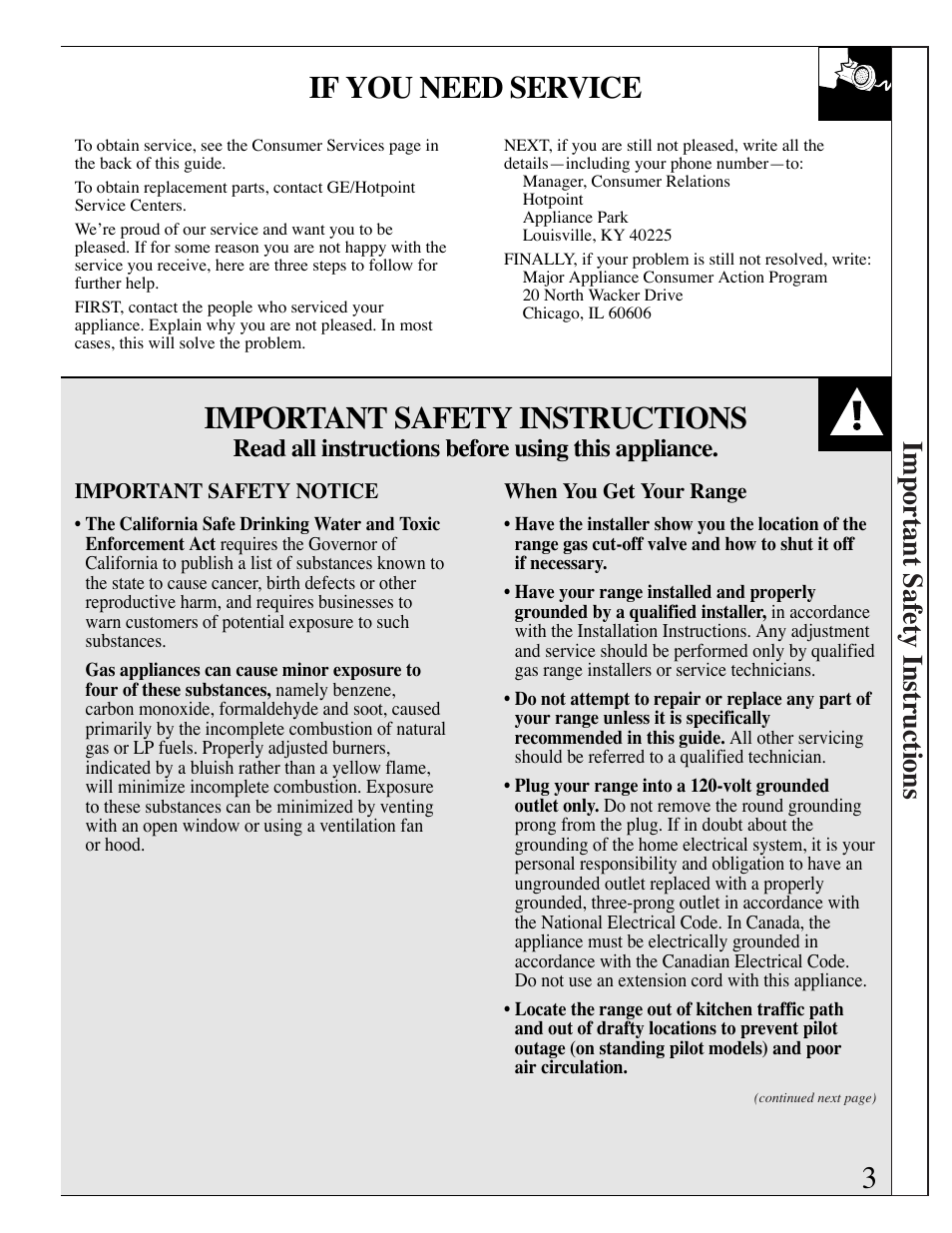 3if you need service, Important safety instructions, Impor tant safety instructions | Read all instructions before using this appliance | Hotpoint RGB506 User Manual | Page 3 / 40