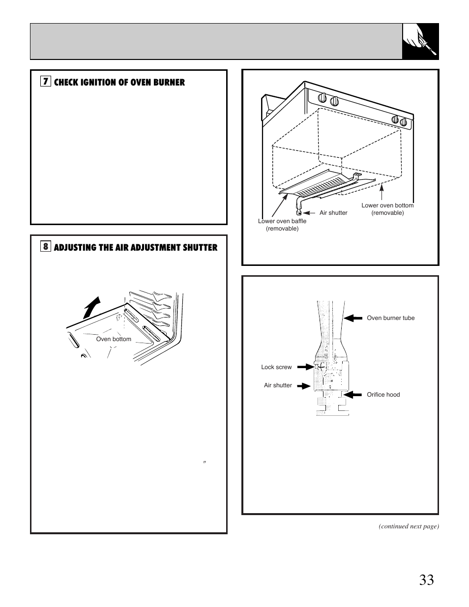 Check ignition of oven burner, 7adjusting the air adjustment shutter | Hotpoint RGB506 User Manual | Page 33 / 40