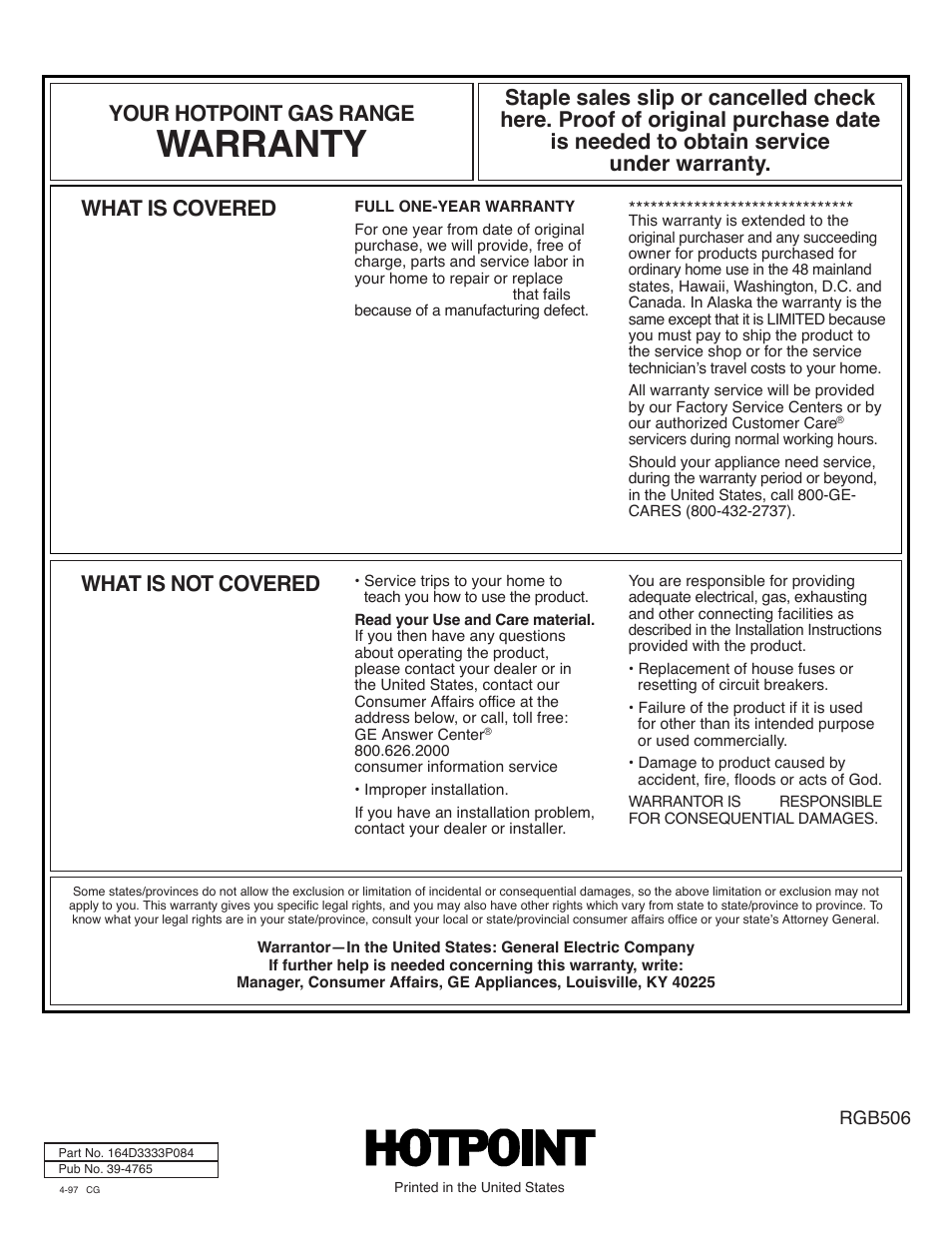 Warranty, Back cover, What is covered | What is not covered, Your hotpoint gas range | Hotpoint RGB506 User Manual | Page 40 / 40