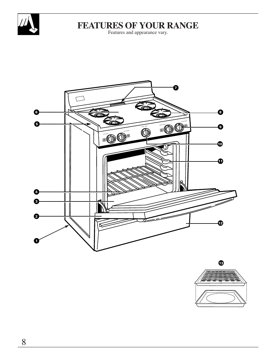 Features, 8features of your range, Features and appearance vary | Hotpoint RGB506 User Manual | Page 8 / 40