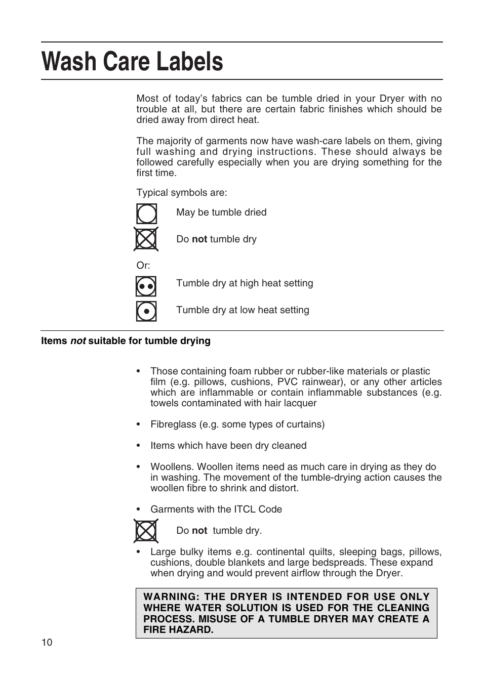 Wash care labels | Hotpoint TL64 User Manual | Page 11 / 114