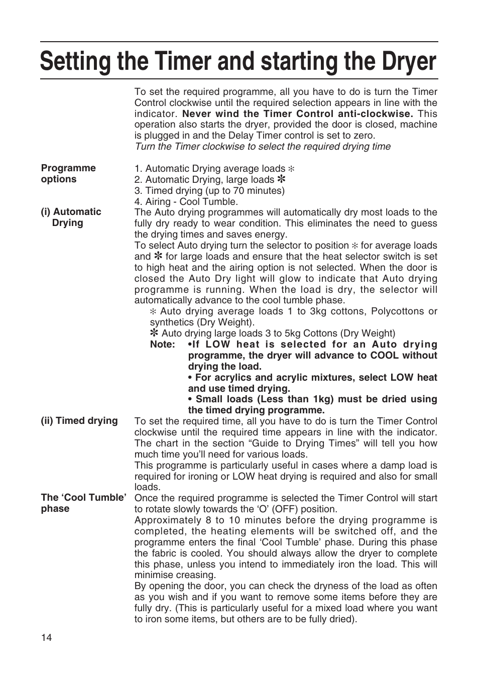 Setting the timer and starting the dryer | Hotpoint TL64 User Manual | Page 15 / 114