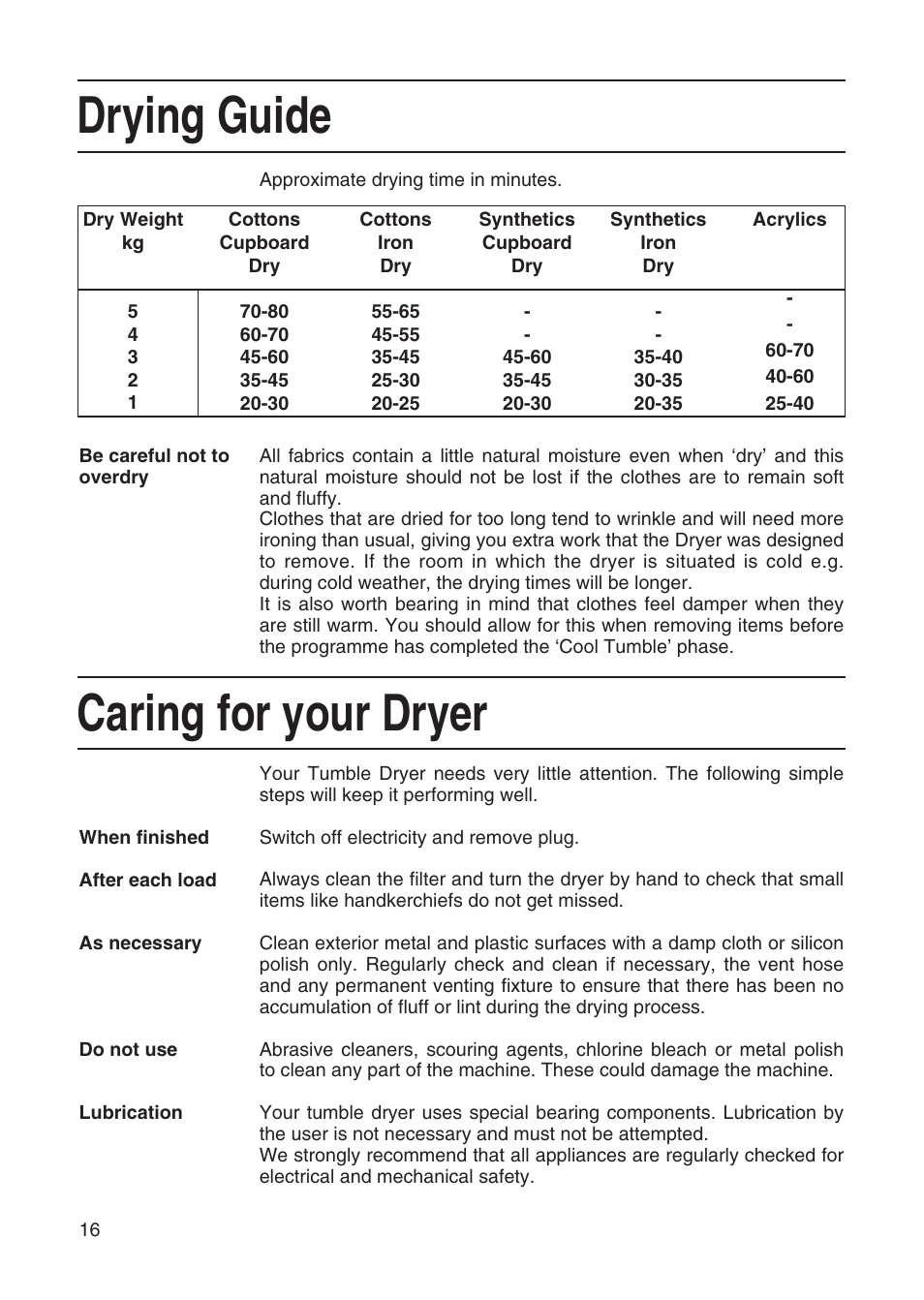 Drying guide, Caring for your dryer | Hotpoint TL64 User Manual | Page 17 / 114