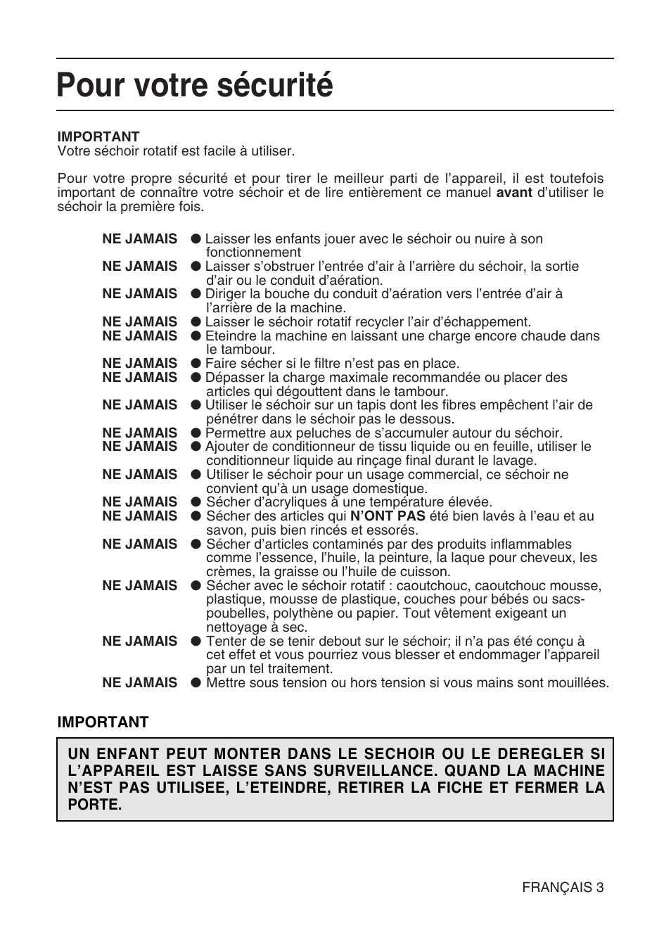 Pour votre sécurité | Hotpoint TL64 User Manual | Page 22 / 114
