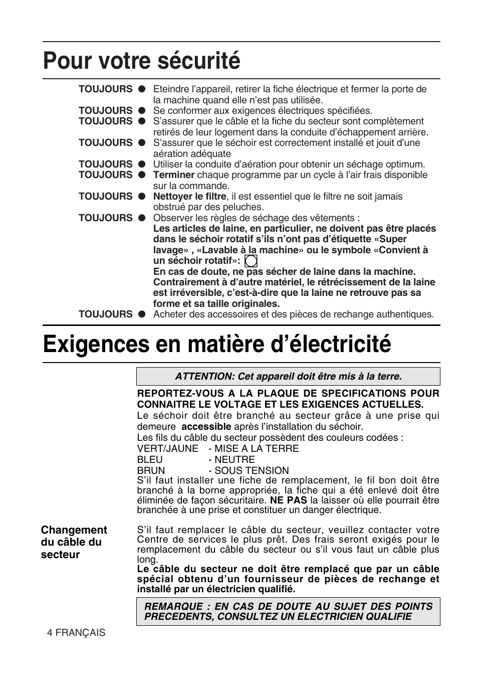 Pour votre sécurité, Exigences en matière d’électricité | Hotpoint TL64 User Manual | Page 23 / 114