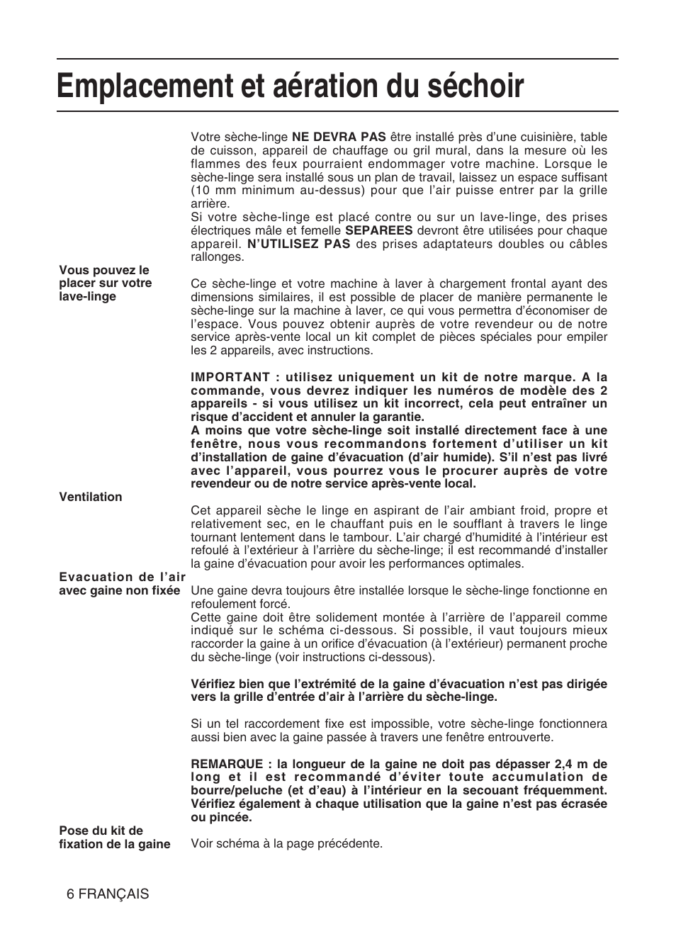 Emplacement et aération du séchoir | Hotpoint TL64 User Manual | Page 25 / 114