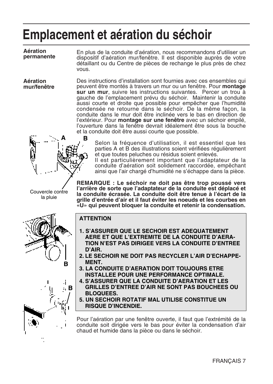 Emplacement et aération du séchoir | Hotpoint TL64 User Manual | Page 26 / 114