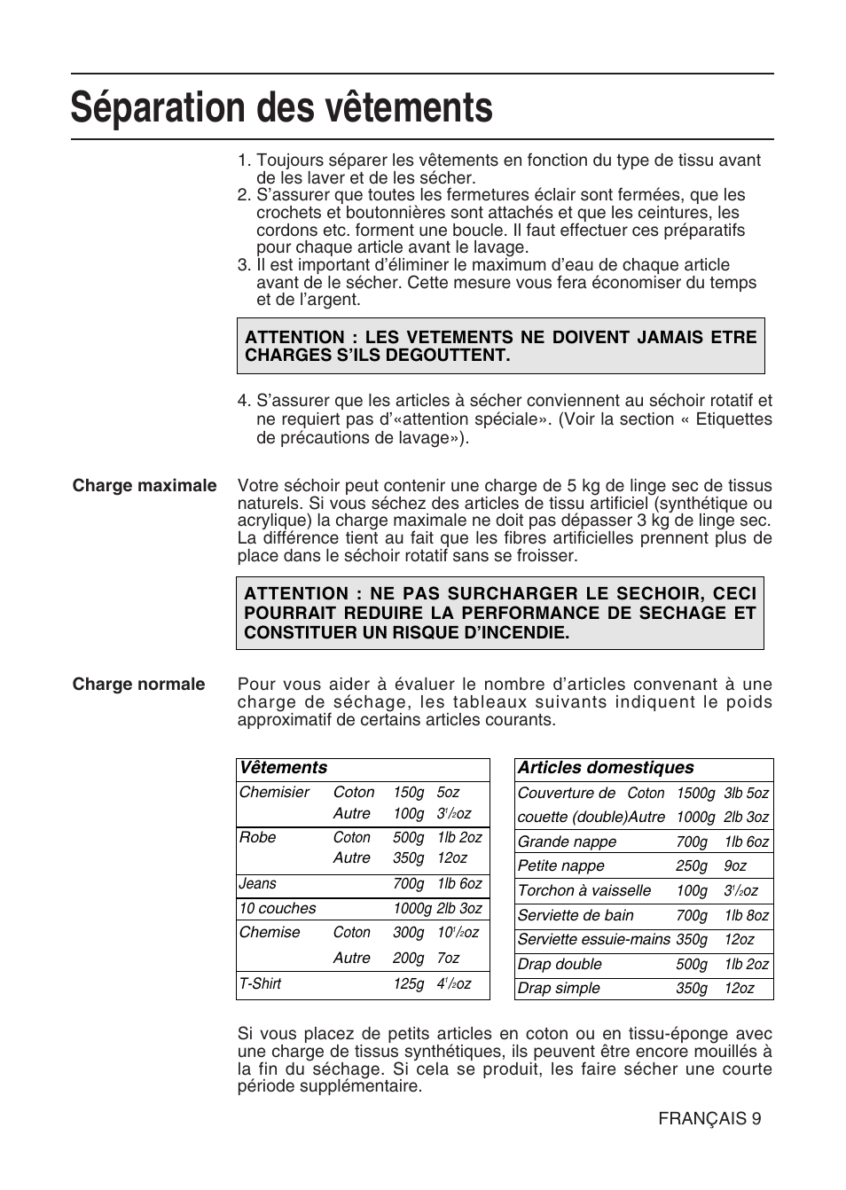 Séparation des vêtements | Hotpoint TL64 User Manual | Page 28 / 114