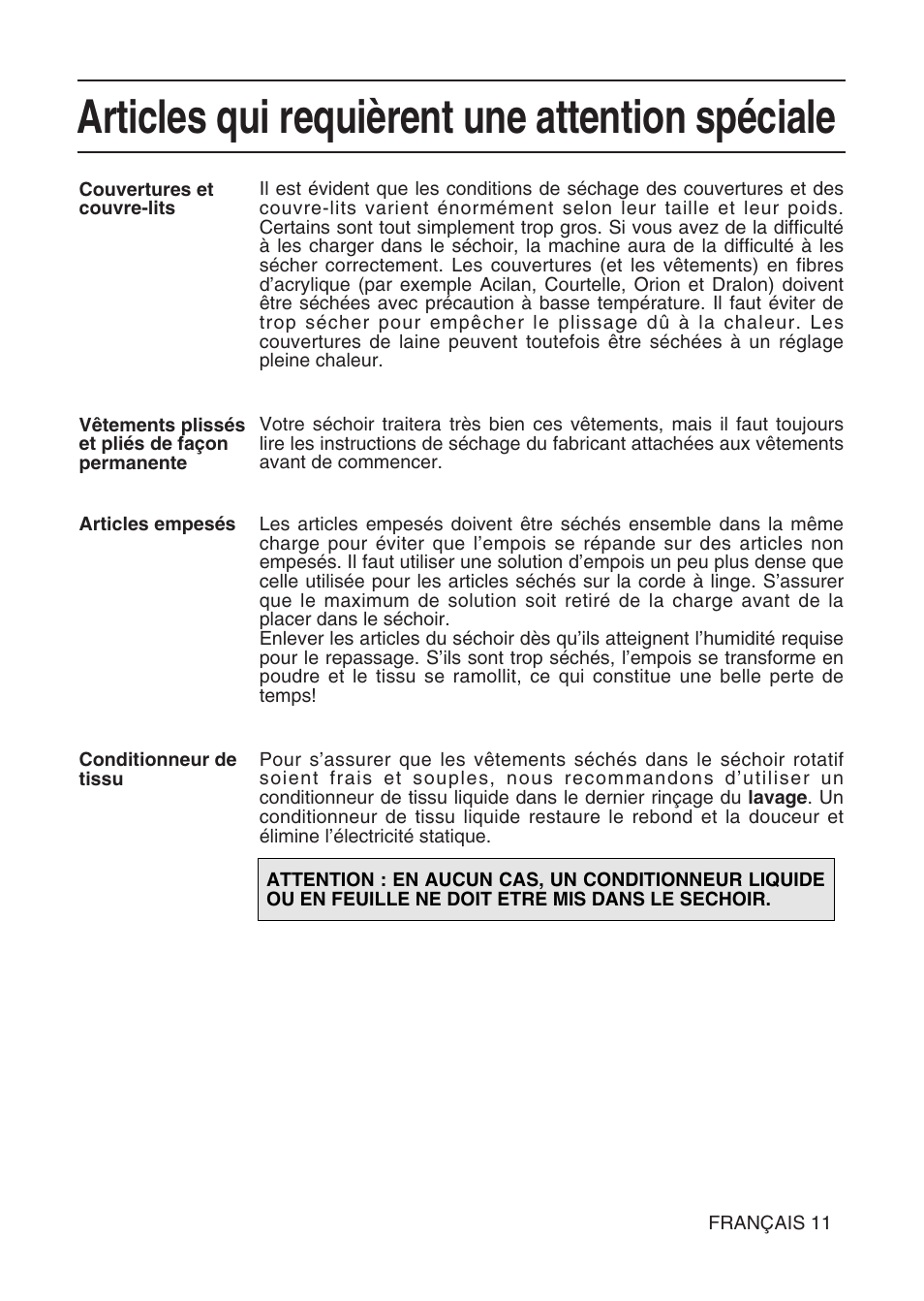 Articles qui requièrent une attention spéciale | Hotpoint TL64 User Manual | Page 30 / 114