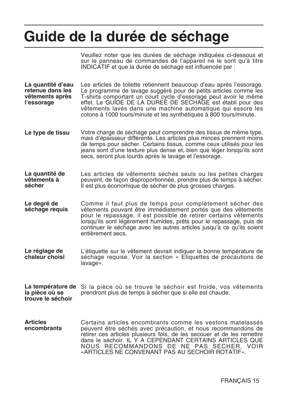 Guide de la durée de séchage | Hotpoint TL64 User Manual | Page 34 / 114