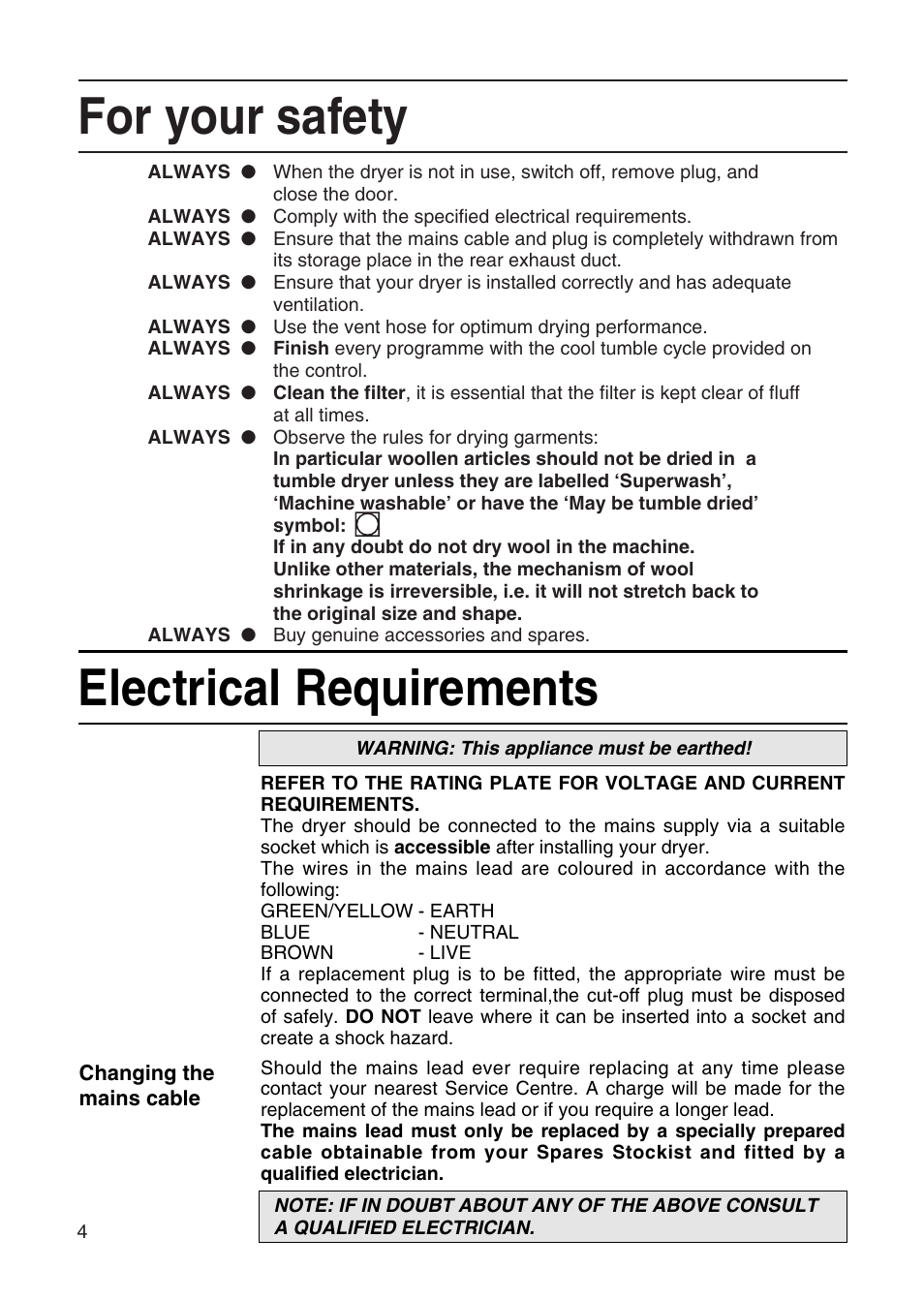 For your safety, Electrical requirements | Hotpoint TL64 User Manual | Page 5 / 114