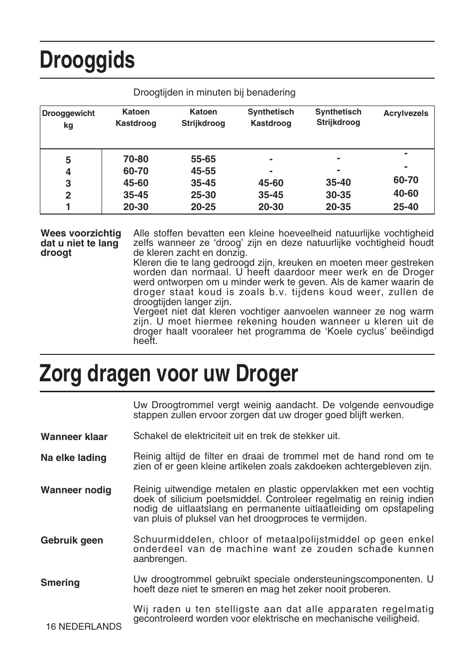 Drooggids, Zorg dragen voor uw droger | Hotpoint TL64 User Manual | Page 53 / 114