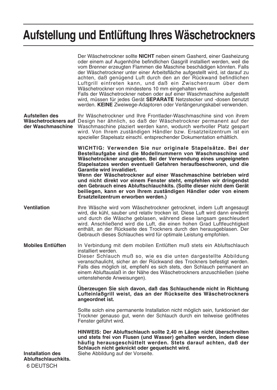 Aufstellung und entlüftung ihres wäschetrockners | Hotpoint TL64 User Manual | Page 61 / 114