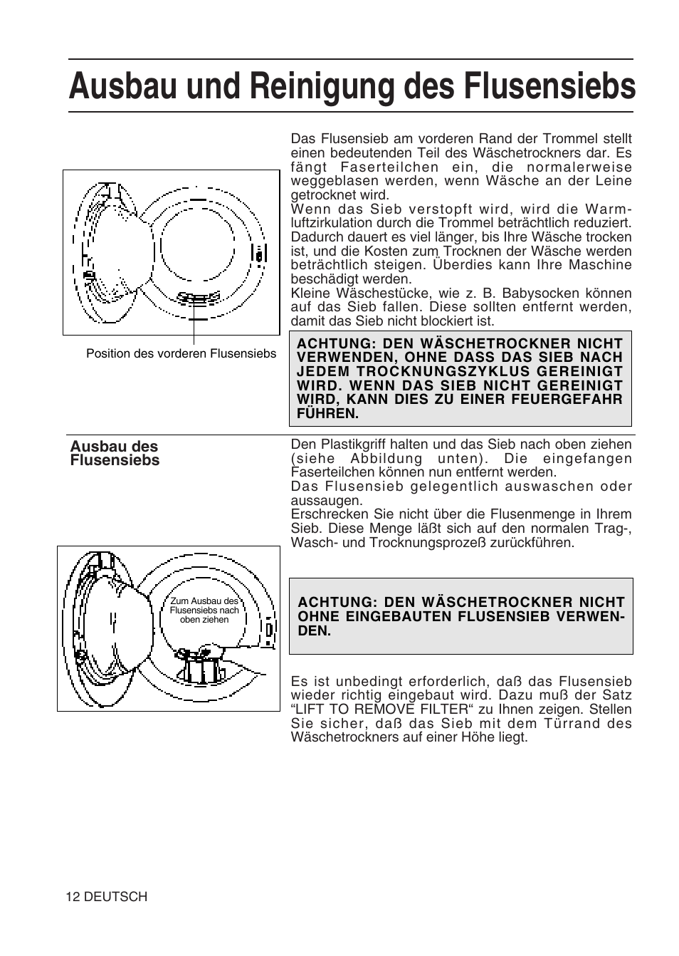 Ausbau und reinigung des flusensiebs | Hotpoint TL64 User Manual | Page 67 / 114