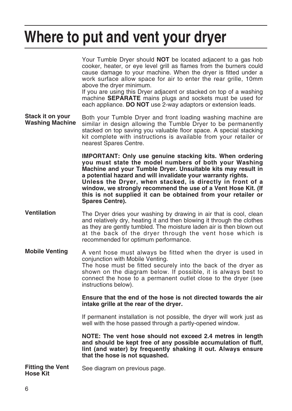 Where to put and vent your dryer | Hotpoint TL64 User Manual | Page 7 / 114