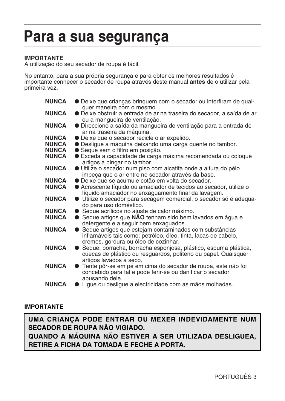 Para a sua segurança | Hotpoint TL64 User Manual | Page 76 / 114