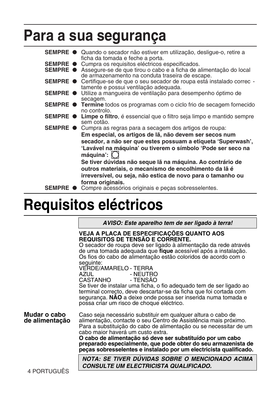 Para a sua segurança, Requisitos eléctricos | Hotpoint TL64 User Manual | Page 77 / 114