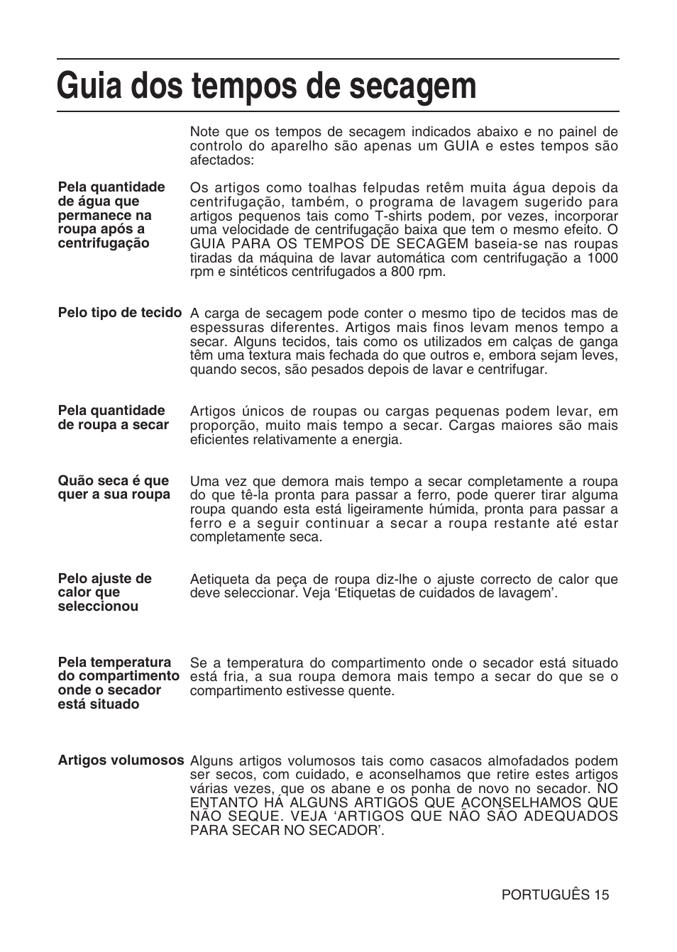 Guia dos tempos de secagem | Hotpoint TL64 User Manual | Page 88 / 114