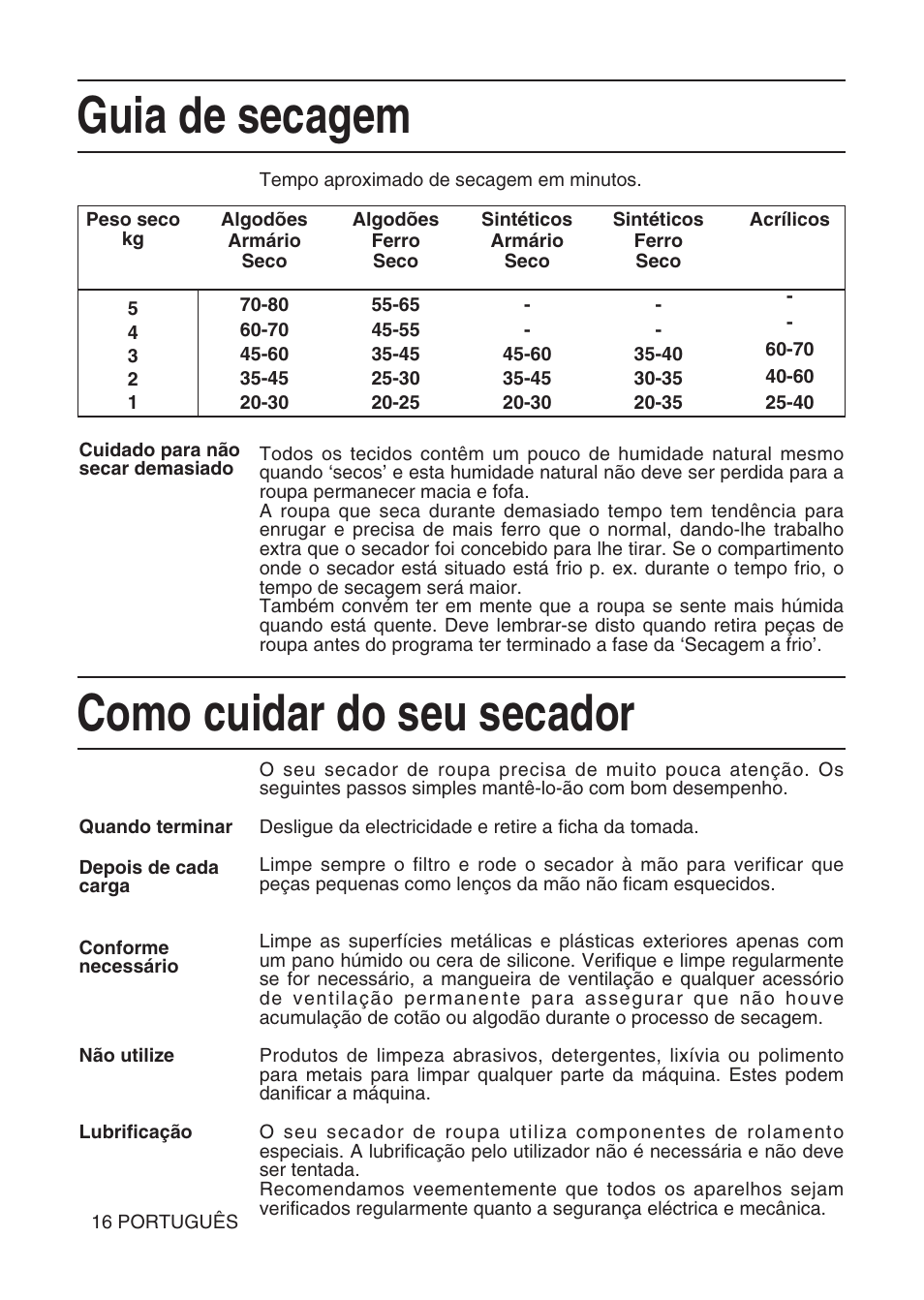 Guia de secagem, Como cuidar do seu secador | Hotpoint TL64 User Manual | Page 89 / 114