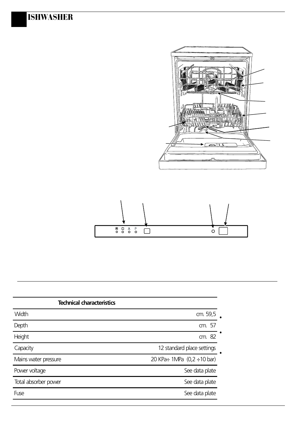 Getting to know your dishwasher, The controls, Technical characteristics | Ishwasher | Hotpoint BFI62 User Manual | Page 8 / 20