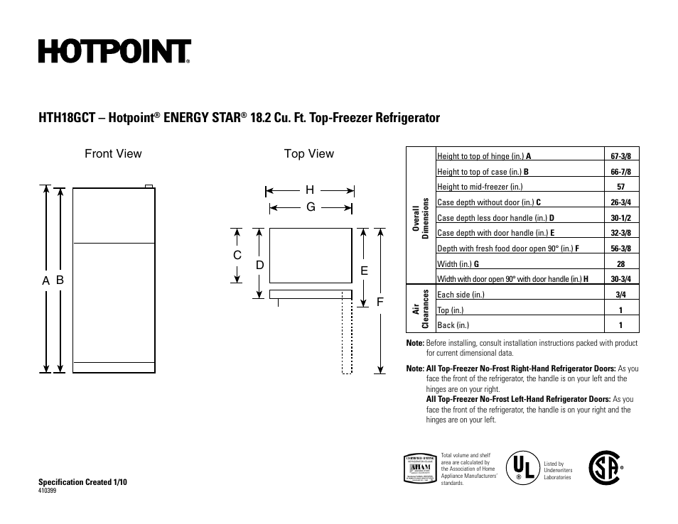 Hotpoint Energy Star HTH18GCT User Manual | 2 pages