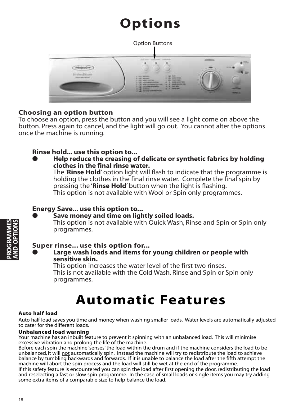 Options, Automatic features | Hotpoint WMA11 User Manual | Page 18 / 24